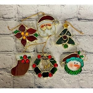 Stained Glass Sun Catchers Christmas Ornaments, Santa Snowman Wreath Set Of 6